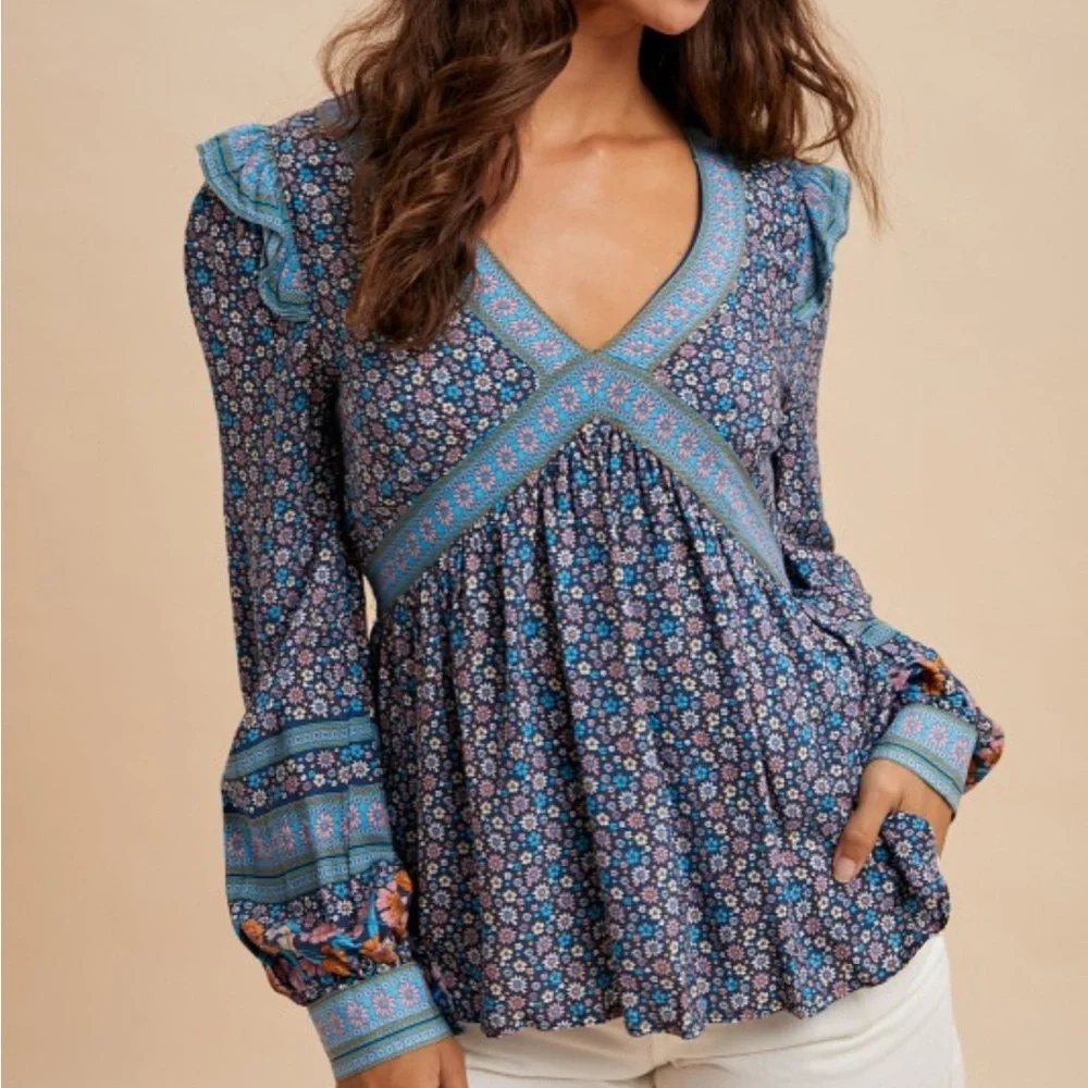 Floral Print Boho Blouse Blue - Picture 1 of 6